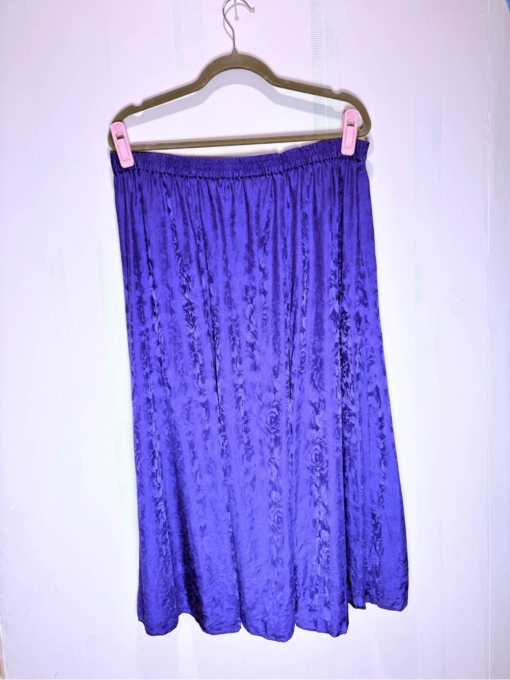 Vintage 100% Silk Purple Midi Skirt Floral Roses Elastic Waist Plus Size 16